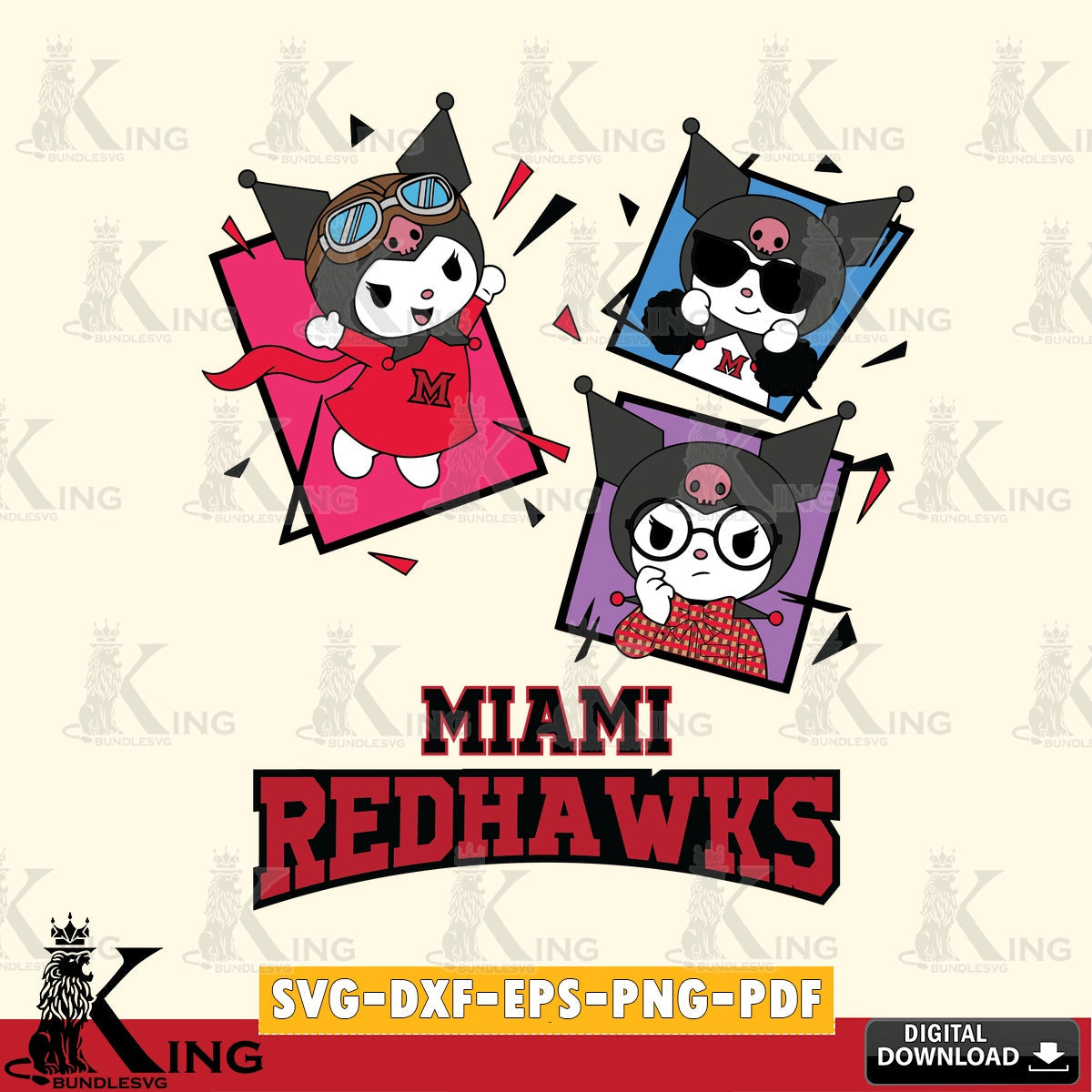 Miami RedHawks Kuromi Action Football SVG file, Cricut, Cut file  , Digital Download , Instant Download, Sanrio svg, Clipart