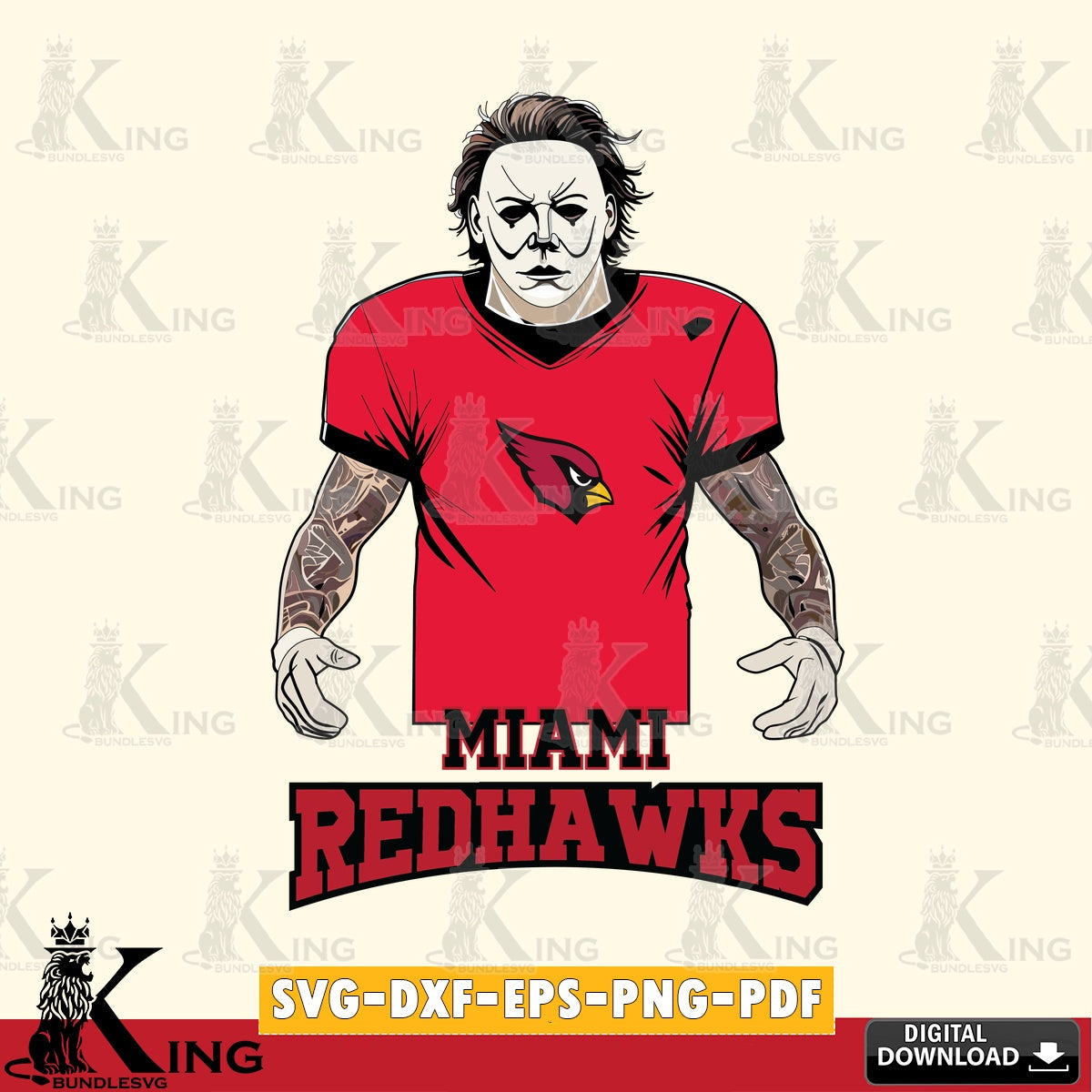 Custom design featuring Miami RedHawks Michael Myers Tattoo Football, high-quality vector for DIY scrapbooking and home decor