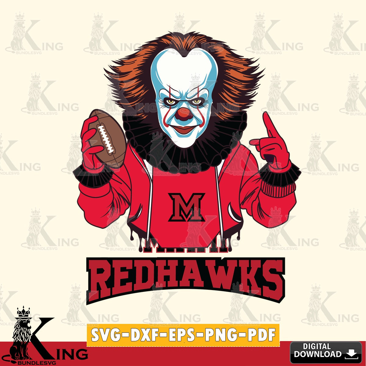 Modern graphic depicting a Miami RedHawks Pennywise player football, digital clipart compatible with laser engraving and cutting
