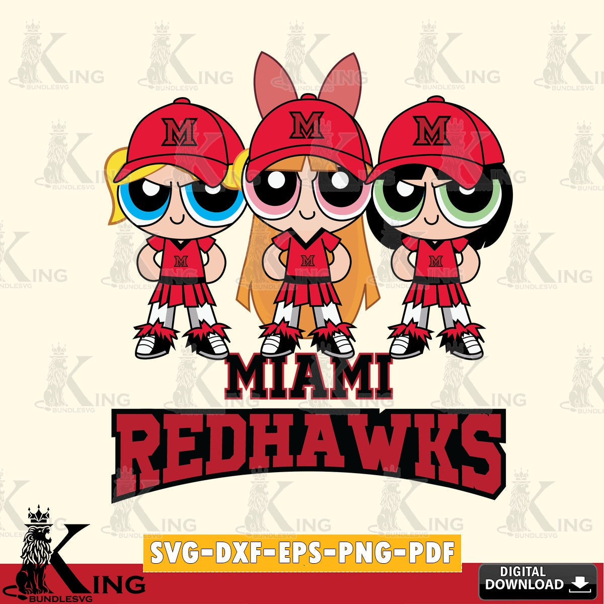 Creative design featuring Miami RedHawks PowerPuff Girls Football, NCAA vector art for engraving, cutting, and printing