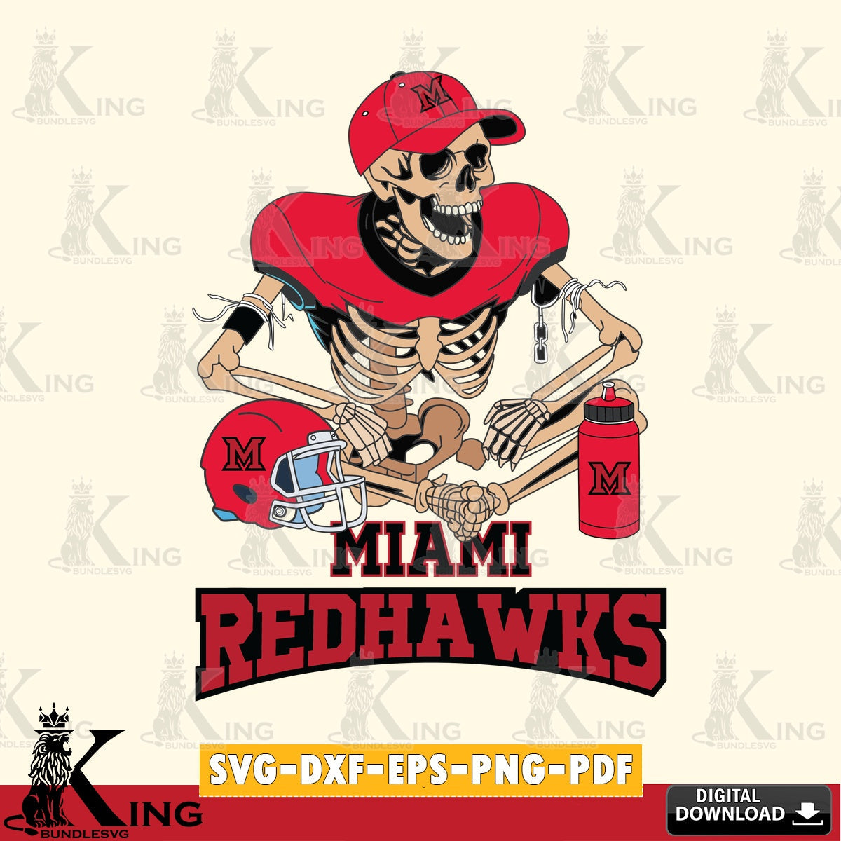 Eye-catching graphic of a Miami RedHawks skeleton player in football action, PNG clipart for sublimation printing and graphic