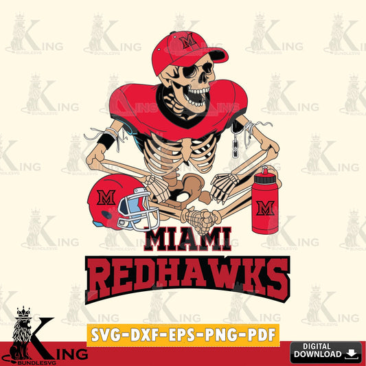Eye-catching graphic of a Miami RedHawks skeleton player in football action, PNG clipart for sublimation printing and graphic