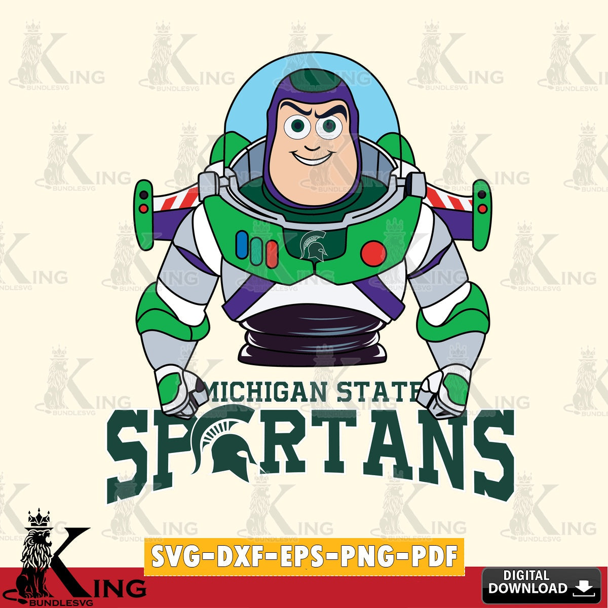 Digital download featuring Michigan State Spartans Buzz Lightyear football, versatile clip art for stickers, decals, and mugs.