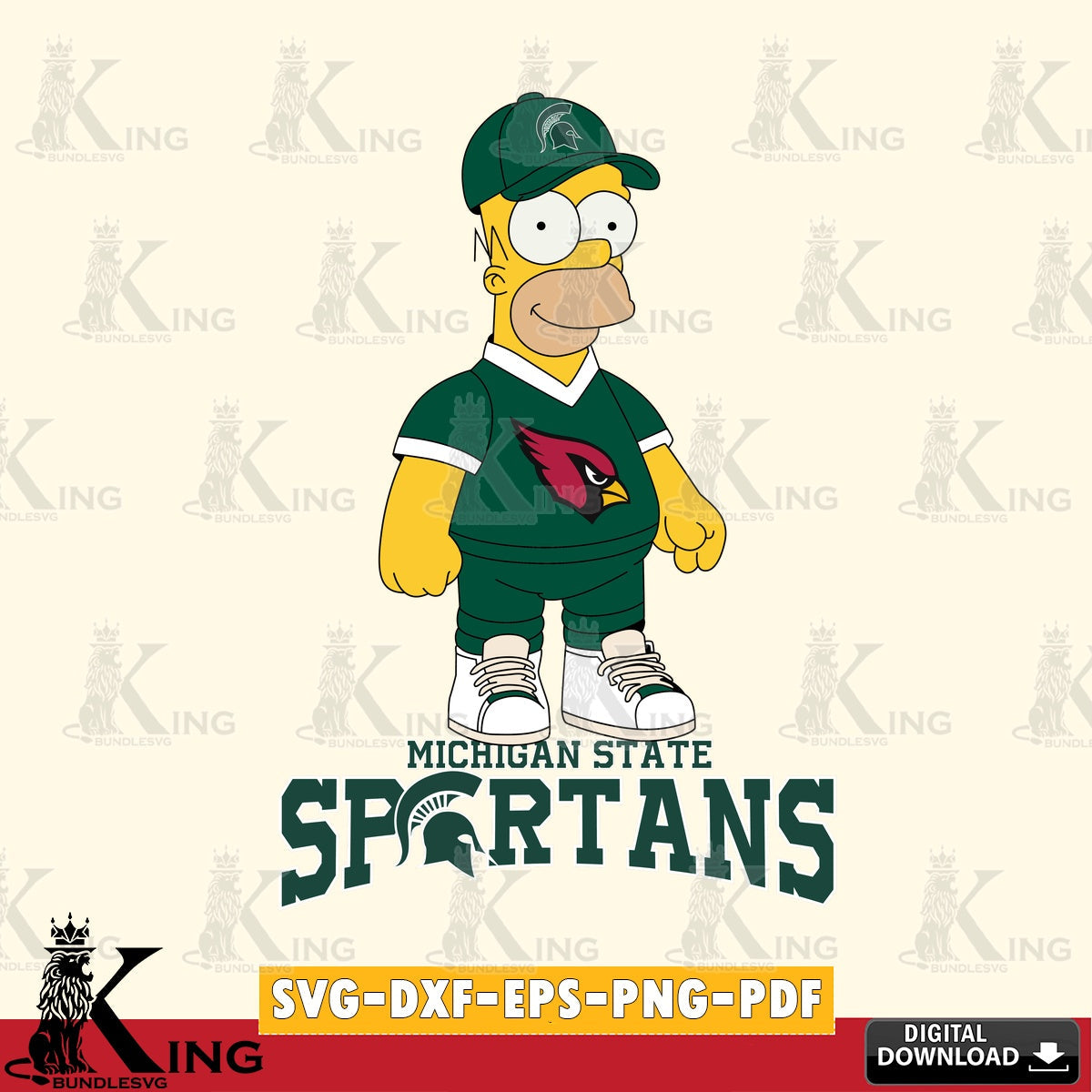 Hand-drawn style art of Michigan State Spartans Homer Simpson football, a cut file ideal for vinyl projects and T-shirt printing