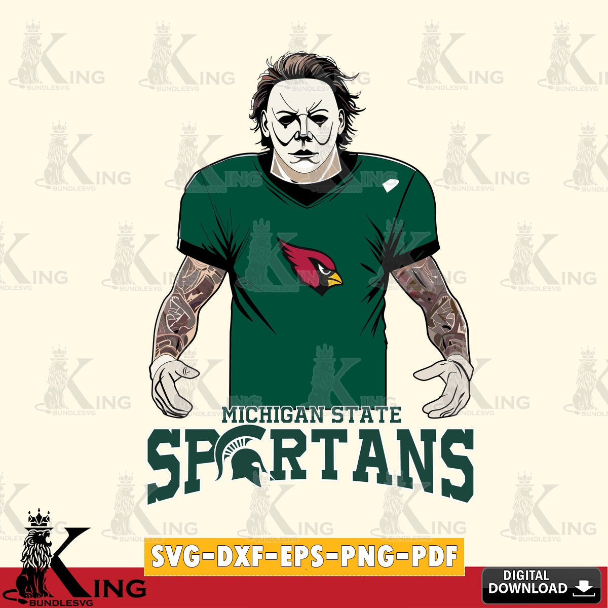 Modern graphic depicting a Michigan State Spartans Michael Myers tattoo football design, cut file ideal for vinyl projects and