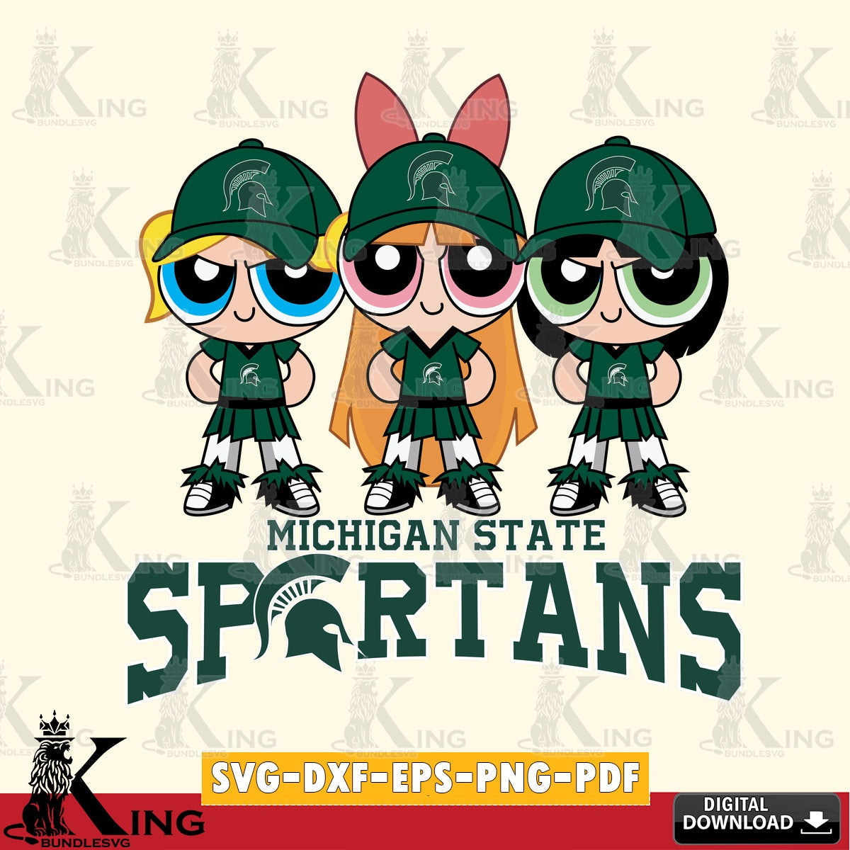 Custom design featuring Michigan State Spartans PowerPuff Girls football PNG clipart for sublimation printing and graphic design