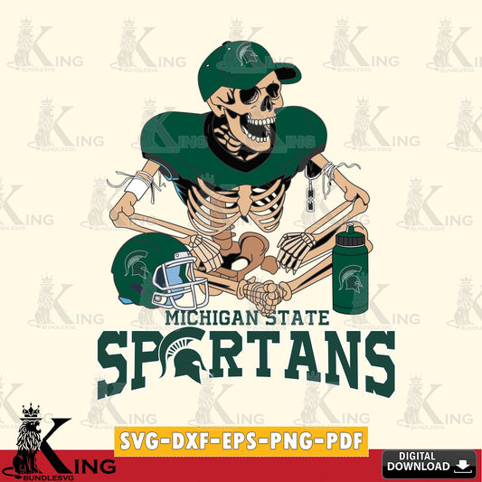 Digital download featuring a Michigan State Spartans skeleton player football SVG PNG design suitable for Glowforge and laser