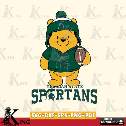 Eye-catching graphic of a Michigan State Spartans Winnie the Pooh player football, NCAA, vector art for engraving, cutting, and