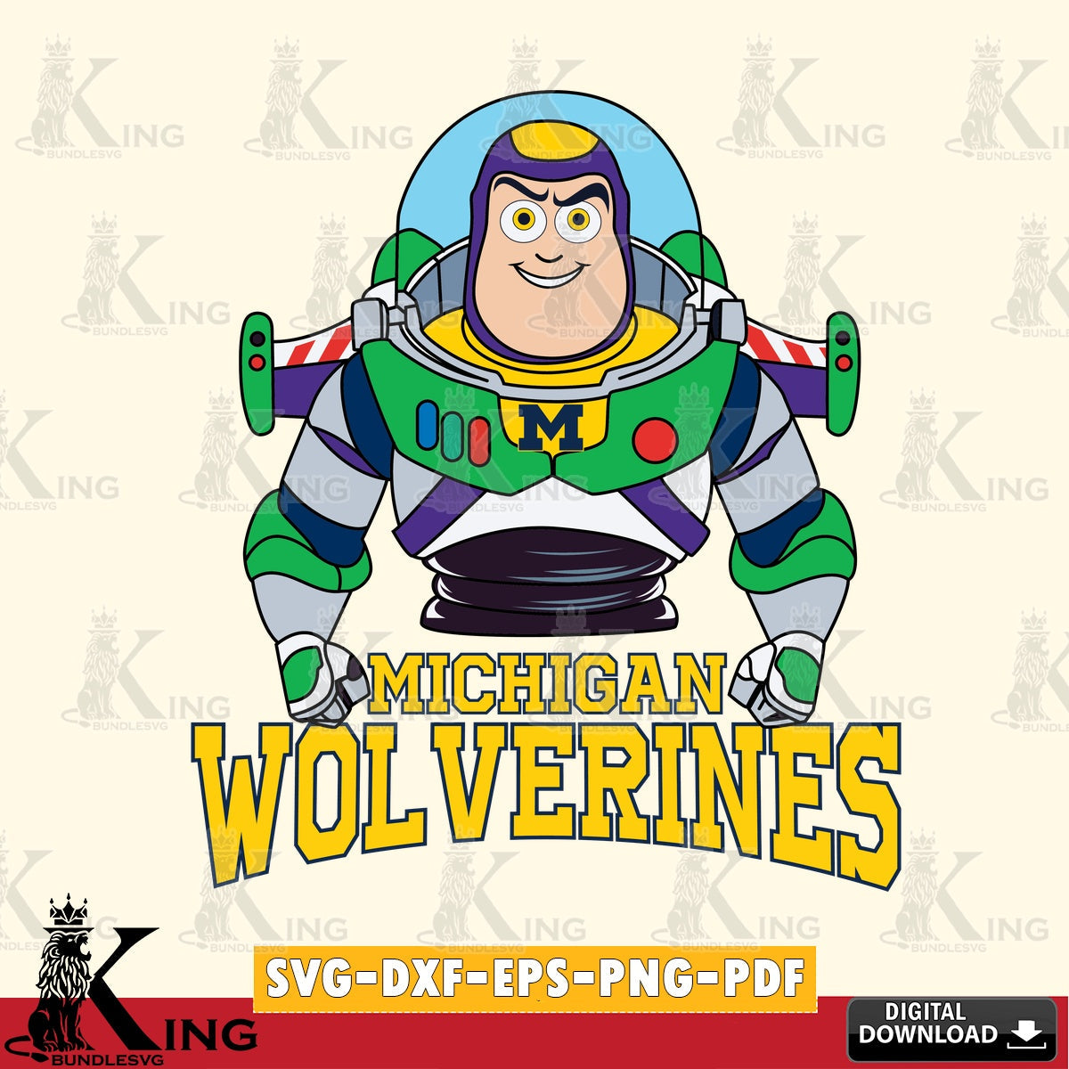 Hand-drawn style art of Michigan Wolverines Buzz Lightyear Football, a crafting file for iron-on transfer and vinyl decals