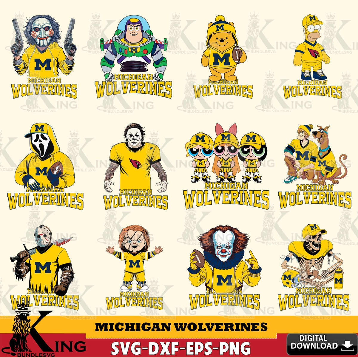 Ultimate set containing Michigan Wolverines cartoon football NCAA bundle, a printable vector design for sublimation and crafts