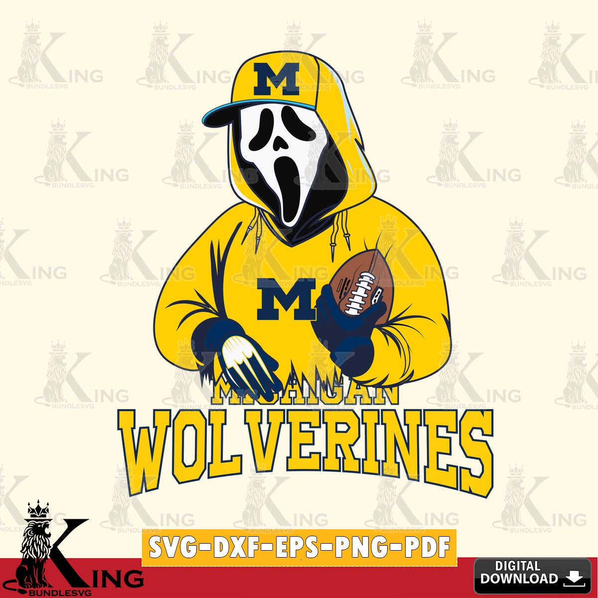 Digital clipart of a Michigan Wolverines Ghostface Scream football player, vector art for engraving, cutting, and printing