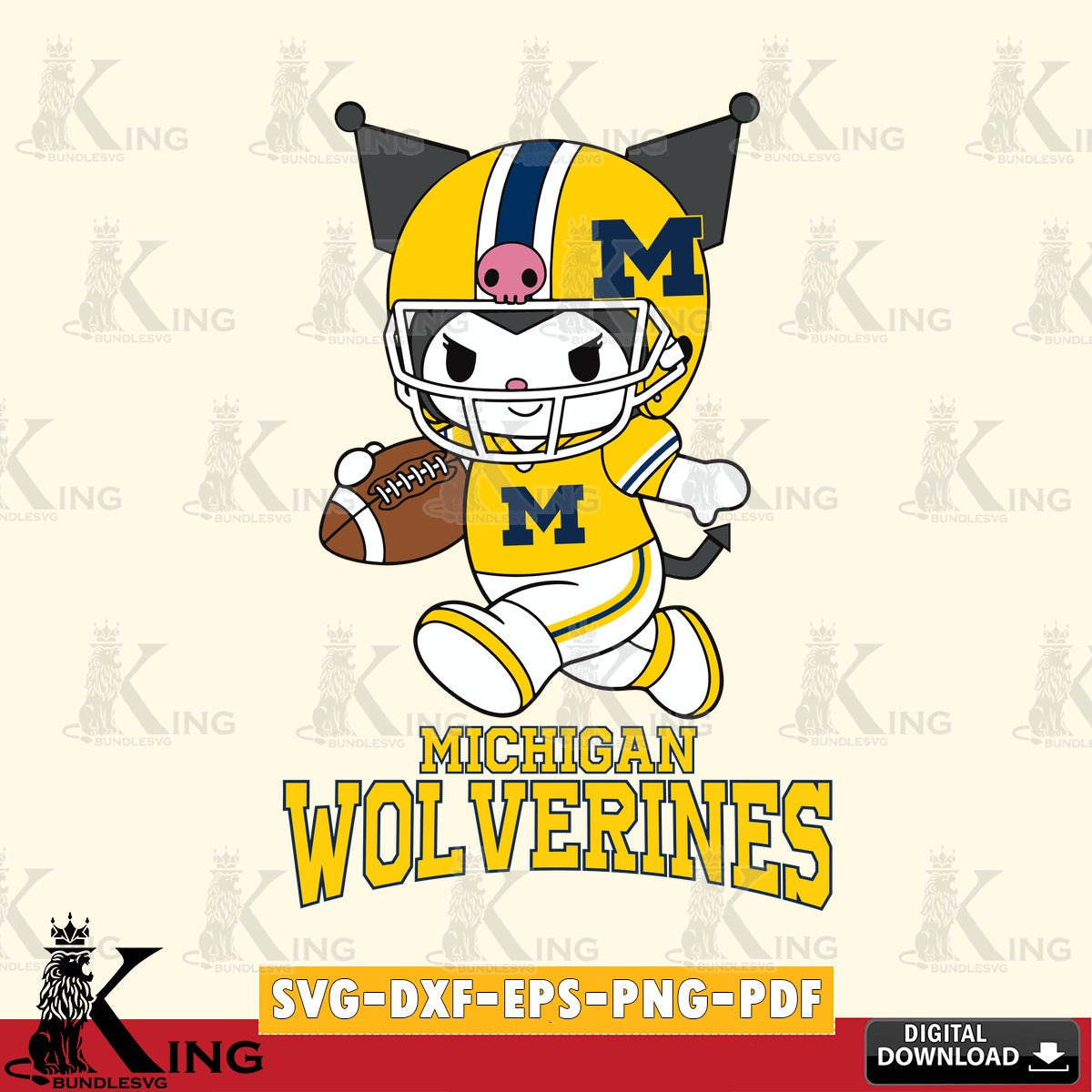 Michigan Wolverines Kuromi Football Run SVG file, Cricut, Cut file  , Digital Download , Instant Download, Sanrio svg, Clipart