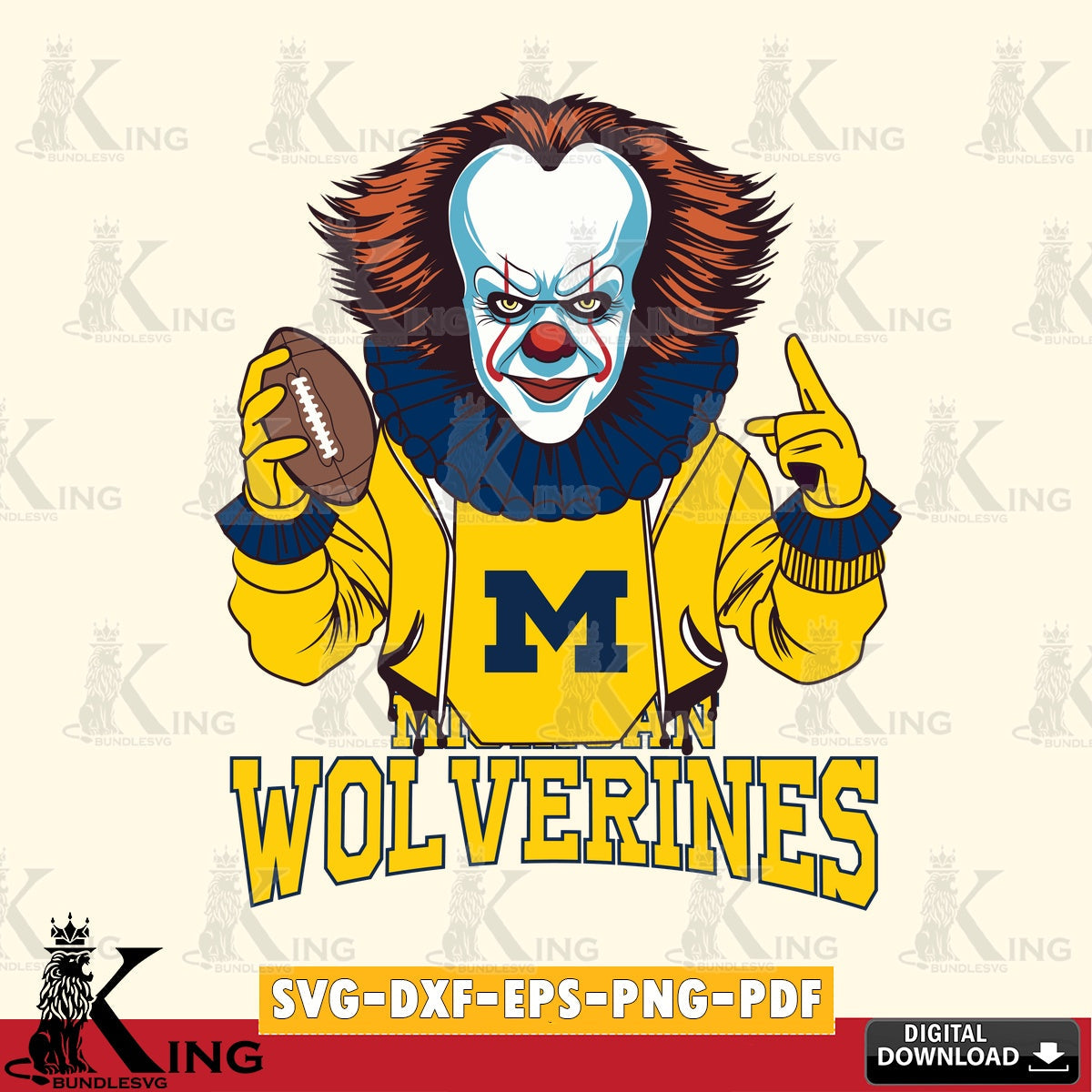 Digital clipart of Michigan Wolverines Pennywise player football, printable vector design for sublimation and crafts