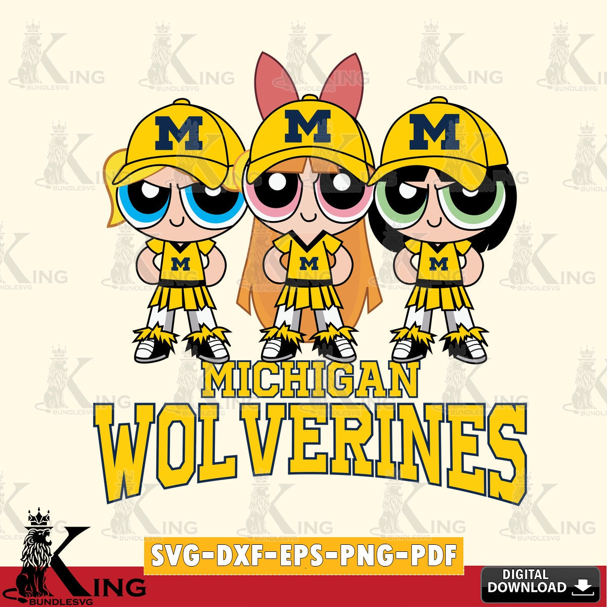 Modern graphic depicting Michigan Wolverines PowerPuff Girls football, a printable vector design for sublimation and crafts