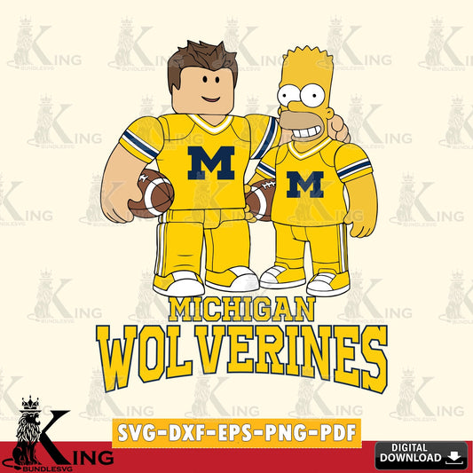 Digital download featuring Michigan Wolverines Roblox & Homer Simpson football, NCAA vector illustration for POD merchandise and