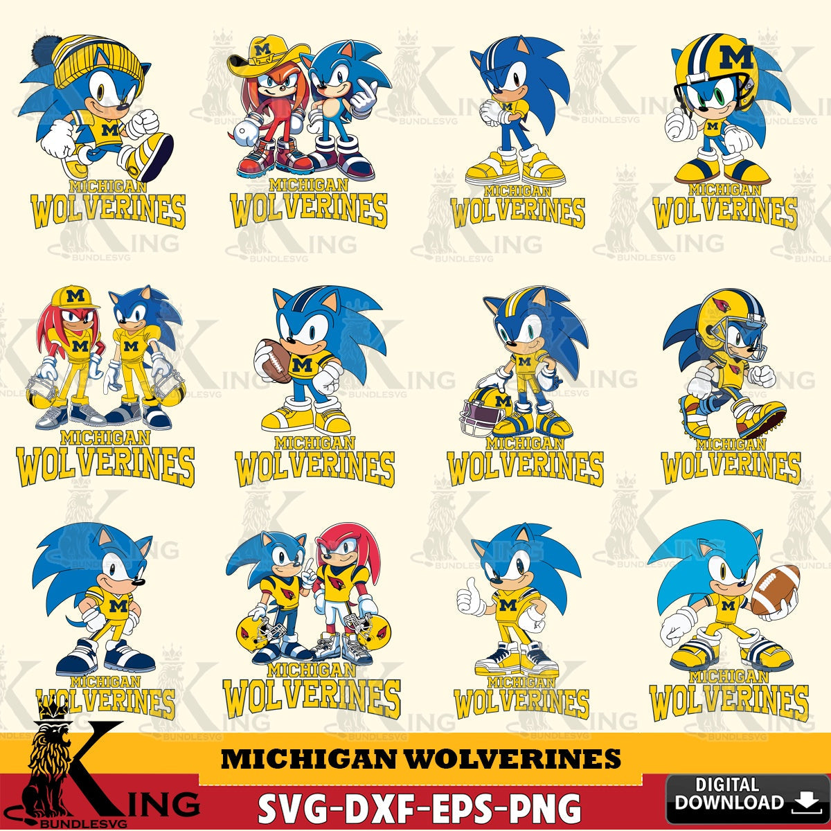 Ultimate set containing Michigan Wolverines Sonic & Knuckles NCAA Football Bundle SVG PNG design suitable for Glowforge and laser