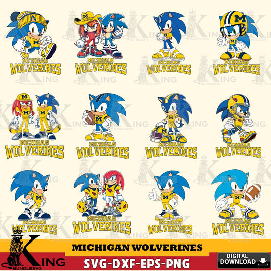 Ultimate set containing Michigan Wolverines Sonic & Knuckles NCAA Football Bundle SVG PNG design suitable for Glowforge and laser