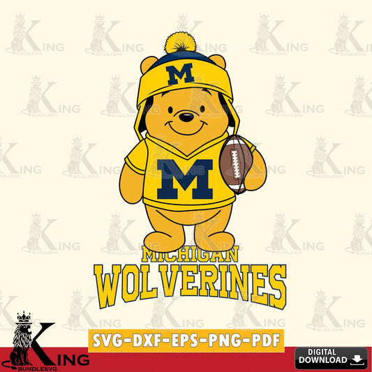 Eye-catching graphic of a Michigan Wolverines Winnie the Pooh player in a football scene, PNG clipart for sublimation printing