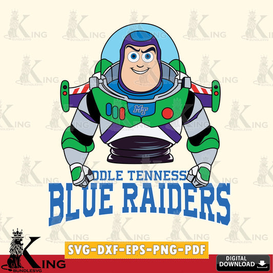 Custom design featuring Middle Tennessee Blue Raiders Buzz Lightyear football, vector illustration for POD merchandise and apparel