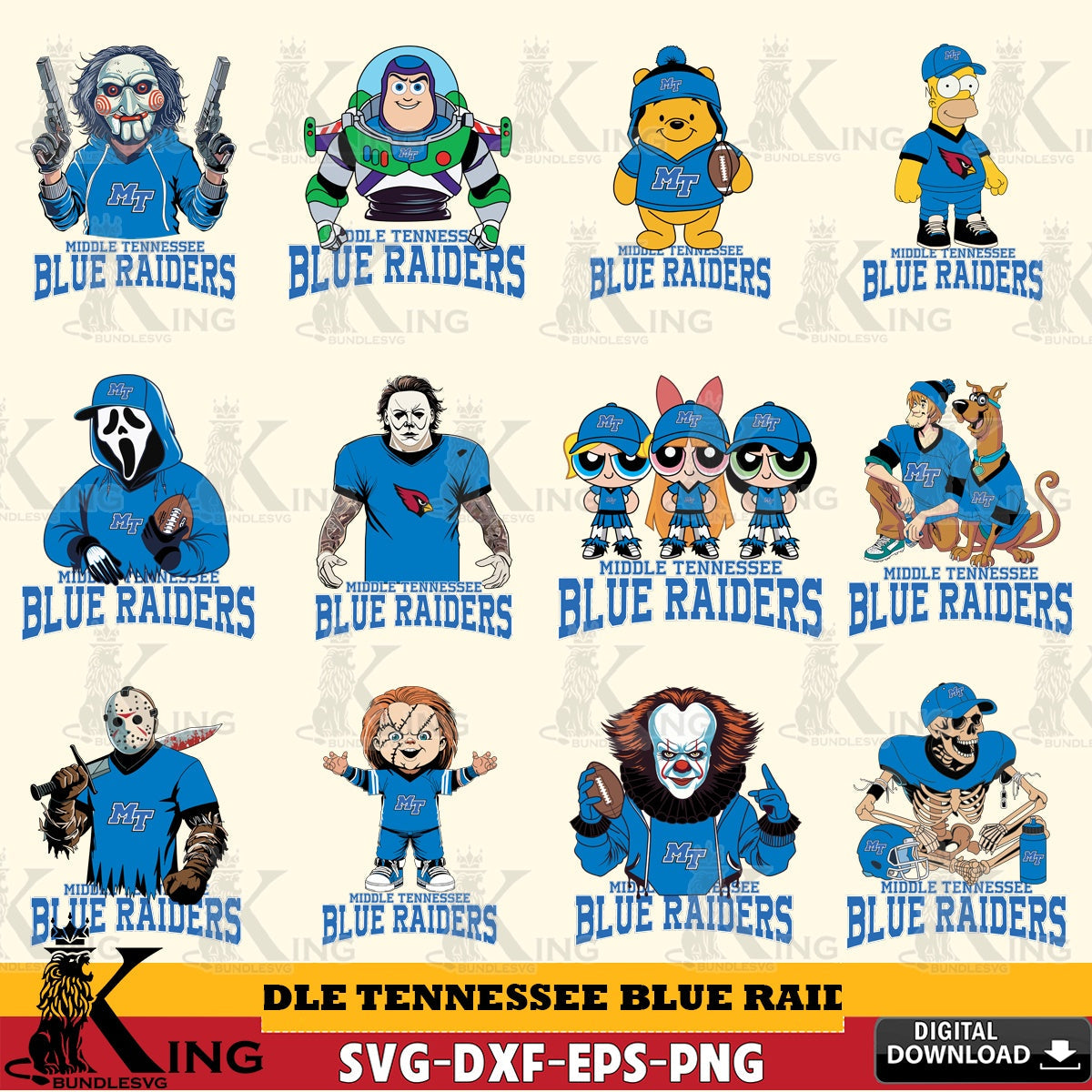 Complete bundle for Middle Tennessee Blue Raiders cartoon football NCAA digital download for Cricut Maker and paper crafts