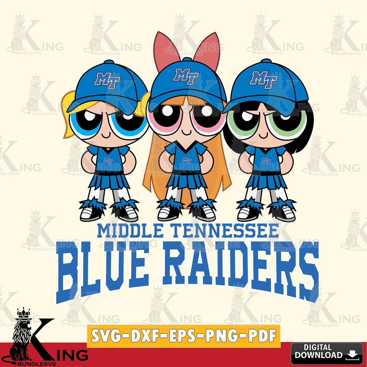 Stylish representation of Middle Tennessee Blue Raiders PowerPuff Girls football, printable vector design for sublimation and