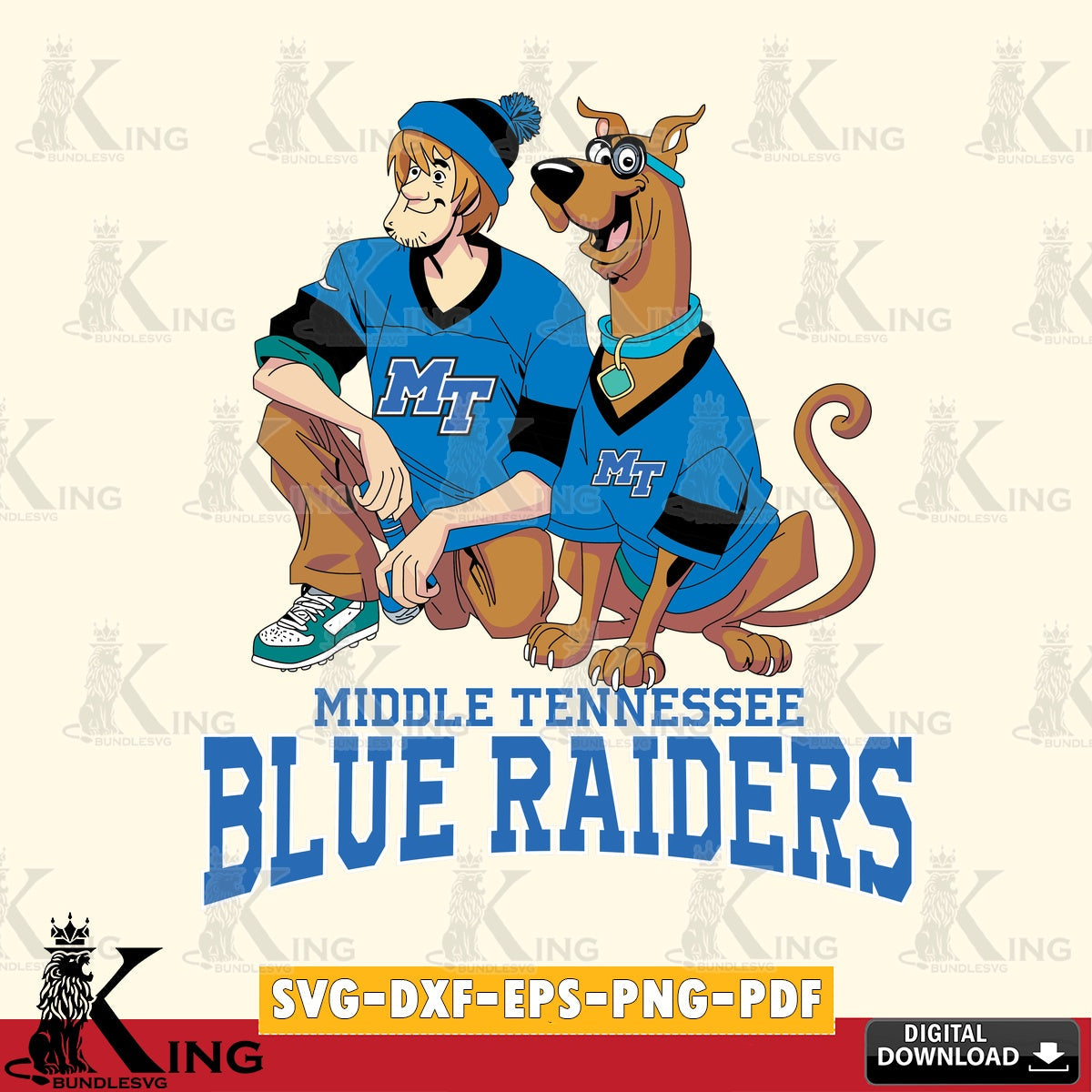 Vector design showing Middle Tennessee Blue Raiders with Shaggy and Scooby Doo football, SVG cut file for personalized gifts and