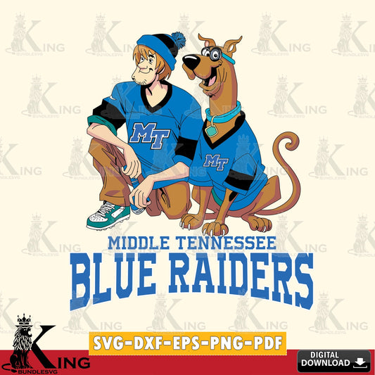 Vector design showing Middle Tennessee Blue Raiders with Shaggy and Scooby Doo football, SVG cut file for personalized gifts and