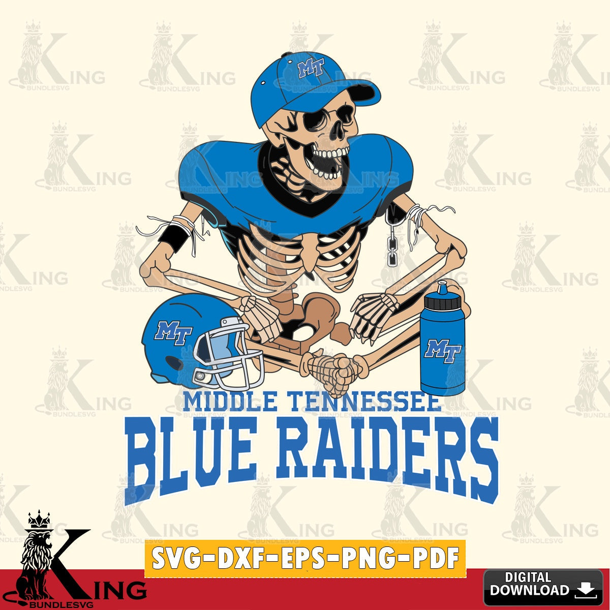 Printable art of Middle Tennessee Blue Raiders skeleton player football SVG cut file for personalized gifts and laser projects