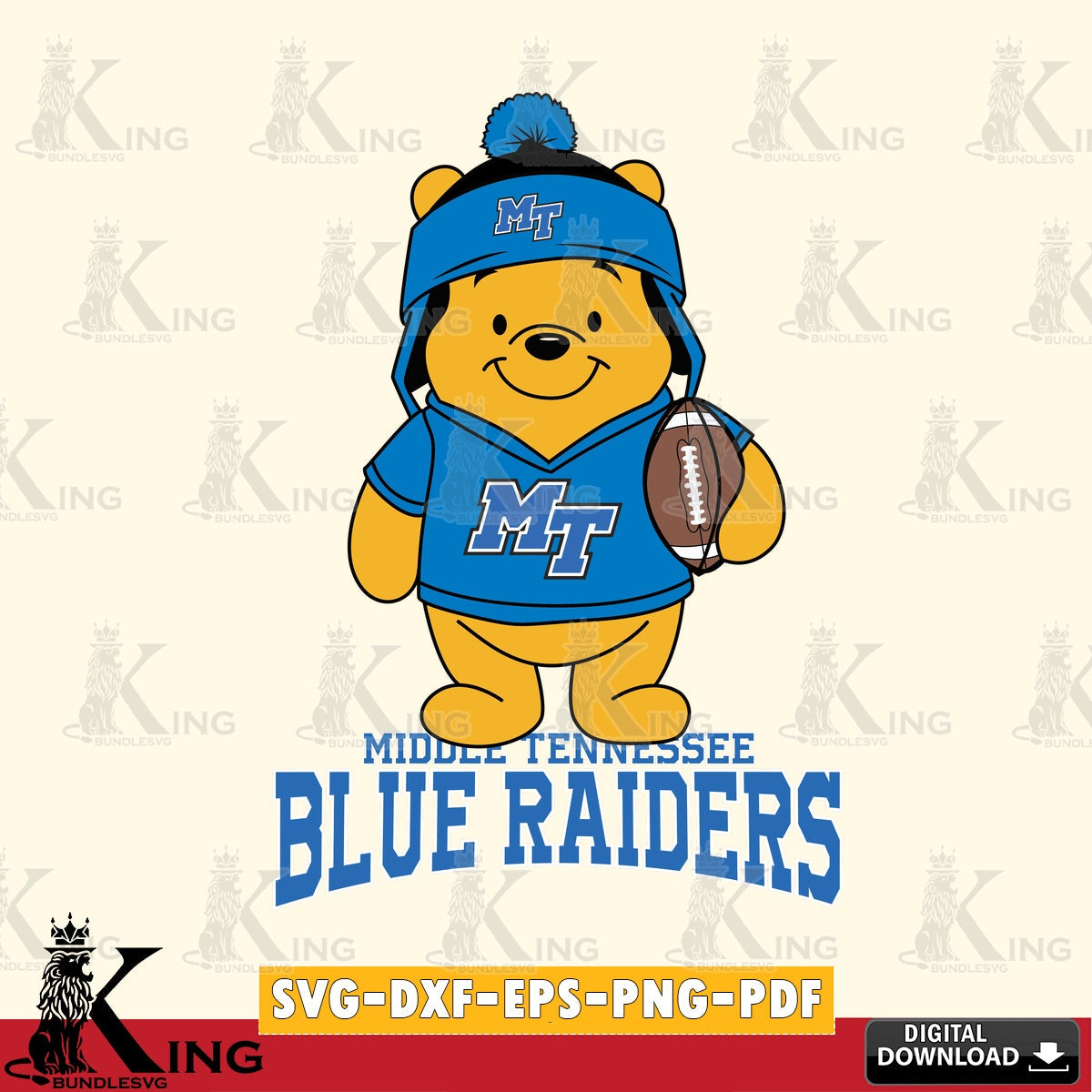 Digital download featuring Middle Tennessee Blue Raiders Winnie the Pooh player football, digital file for silhouette cameo and