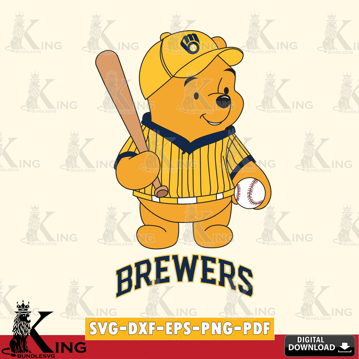High-quality graphic of a Milwaukee Brewers baseball batter Winnie the Pooh vector illustration for POD merchandise and apparel