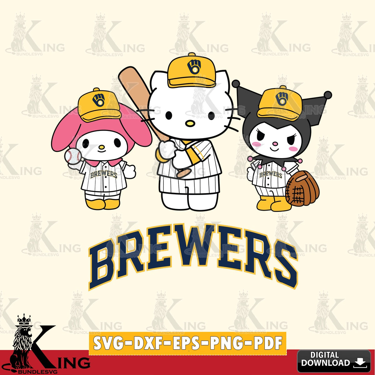 Detailed illustration of Milwaukee Brewers cute kawaii friends, a digital download for Cricut Maker and paper crafts.