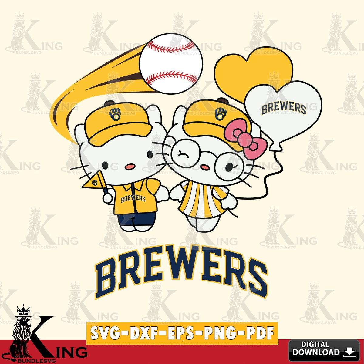 Variety pack of Milwaukee Brewers Hello Kitty baseball couple SVG cut file for personalized gifts and laser projects