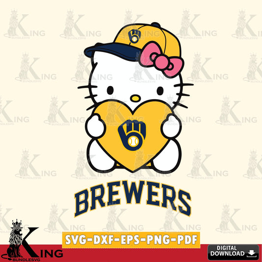 Giant set featuring Milwaukee Brewers Hello Kitty baseball heart vector illustration for POD merchandise and apparel