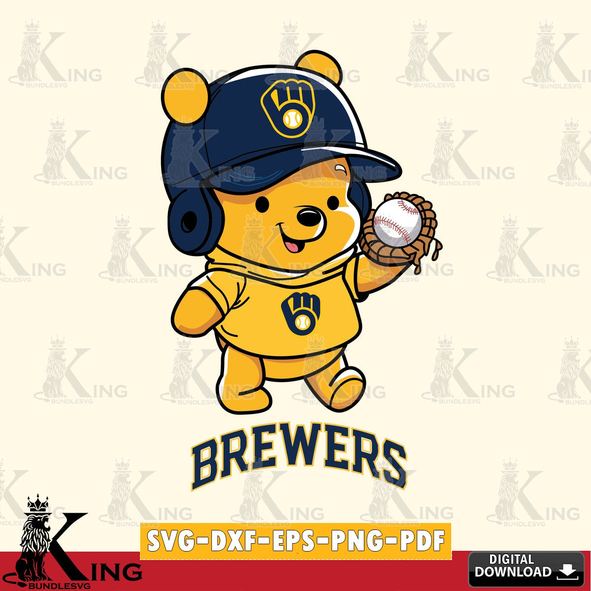 Unique artwork depicting a Milwaukee Brewers Pooh Bear baseball design, a vector illustration for POD merchandise and apparel.