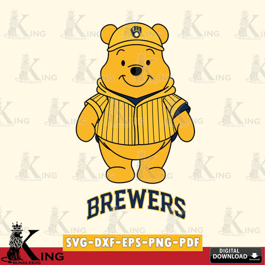 High-quality graphic of Milwaukee Brewers Pooh Bear baseball mascot, vector illustration for POD merchandise and apparel