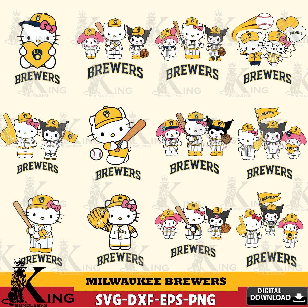 Mega bundle containing Milwaukee Brewers Sanrio Squad Baseball MLB design, SVG PNG design suitable for Glowforge and laser