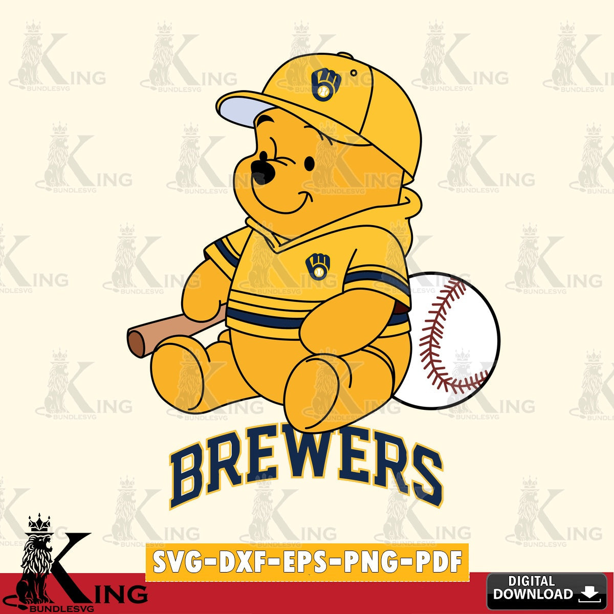 Detailed illustration of Milwaukee Brewers Winnie the Pooh Baseball, a high-quality vector for DIY scrapbooking and home decor
