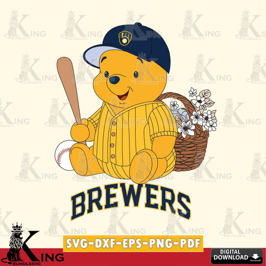 Creative design featuring Milwaukee Brewers Winnie the Pooh Flower Baseball printable vector design for sublimation and crafts