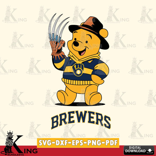 Stylish representation of Milwaukee Brewers Winnie the Pooh Freddy Krueger Baseball vector art for engraving, cutting, and