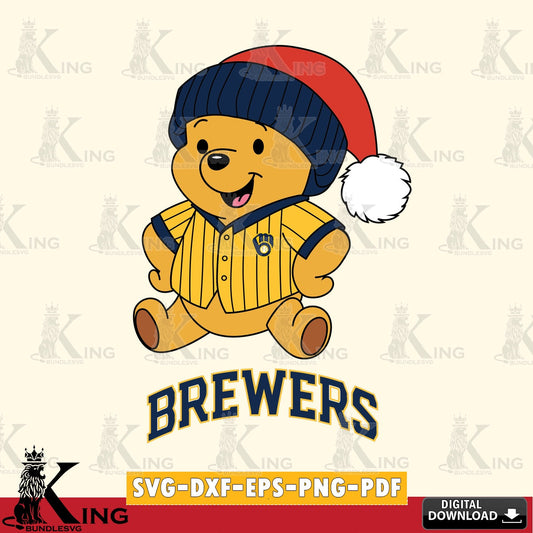 Vector design showing Milwaukee Brewers Winnie the Pooh playing ball, vector illustration for POD merchandise and apparel.