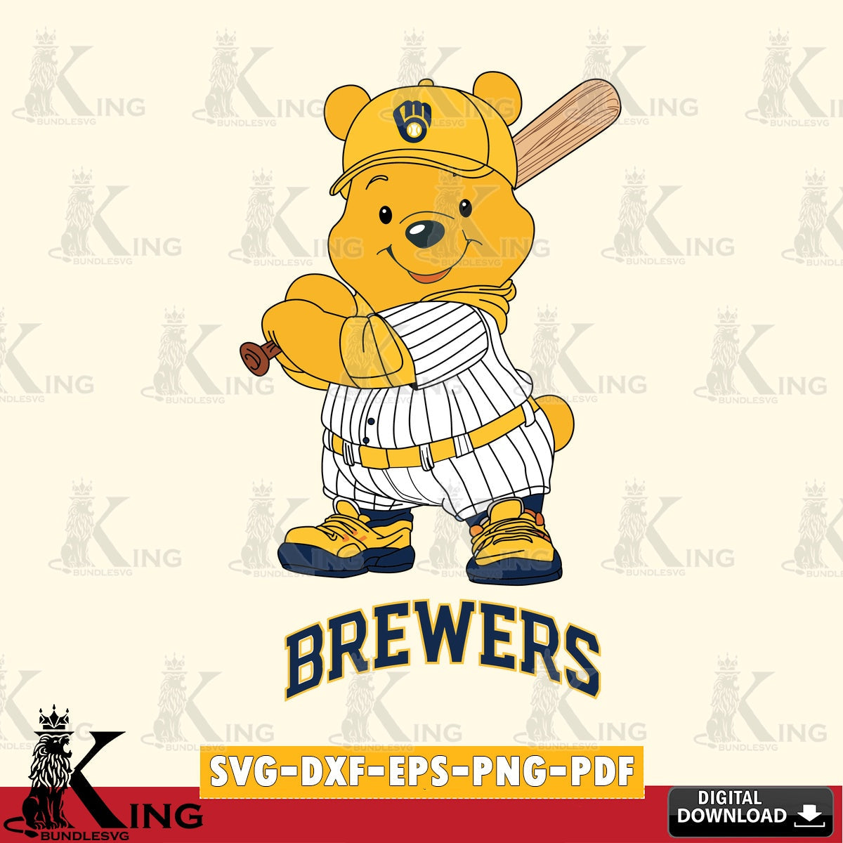 Stylish representation of Milwaukee Brewers Winnie the Pooh baseball player as an SVG cut file for personalized gifts and laser