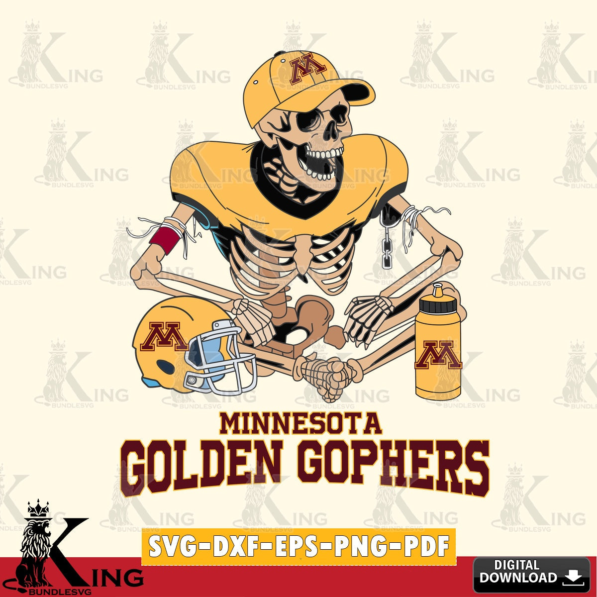 Creative design featuring a Minnesota Golden Gophers skeleton player football SVG cut file for personalized gifts and laser