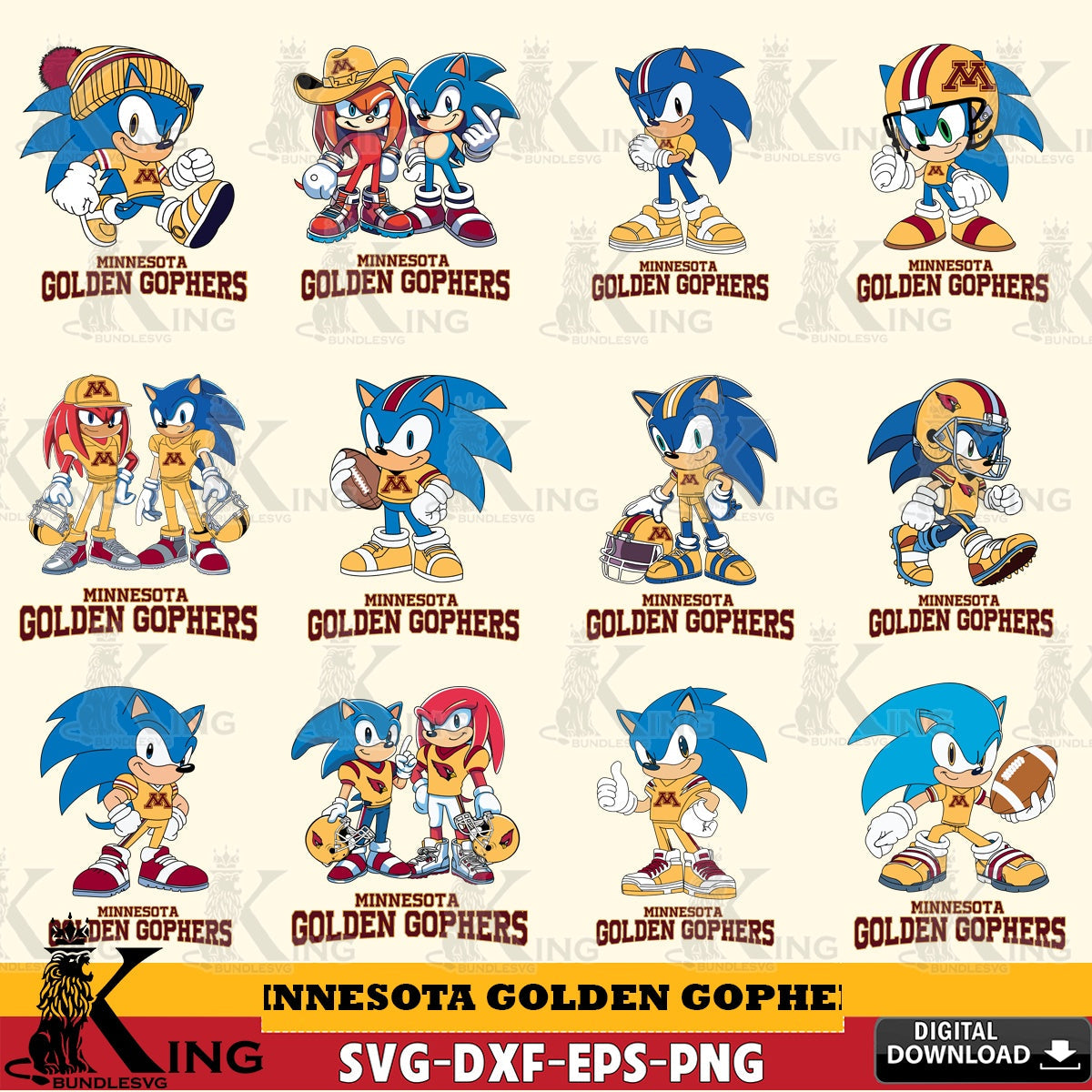 Complete bundle for Minnesota Golden Gophers Sonic & Knuckles NCAA Football vector art for engraving, cutting, and printing.