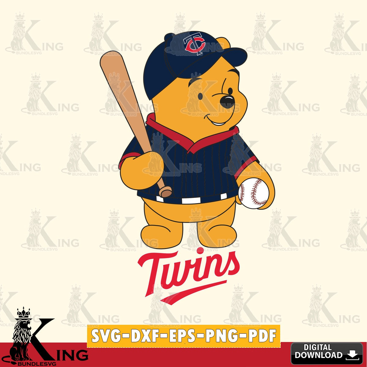 Unique artwork depicting Minnesota Twins Baseball Batter Winnie the Pooh, high-quality vector for DIY scrapbooking and home decor