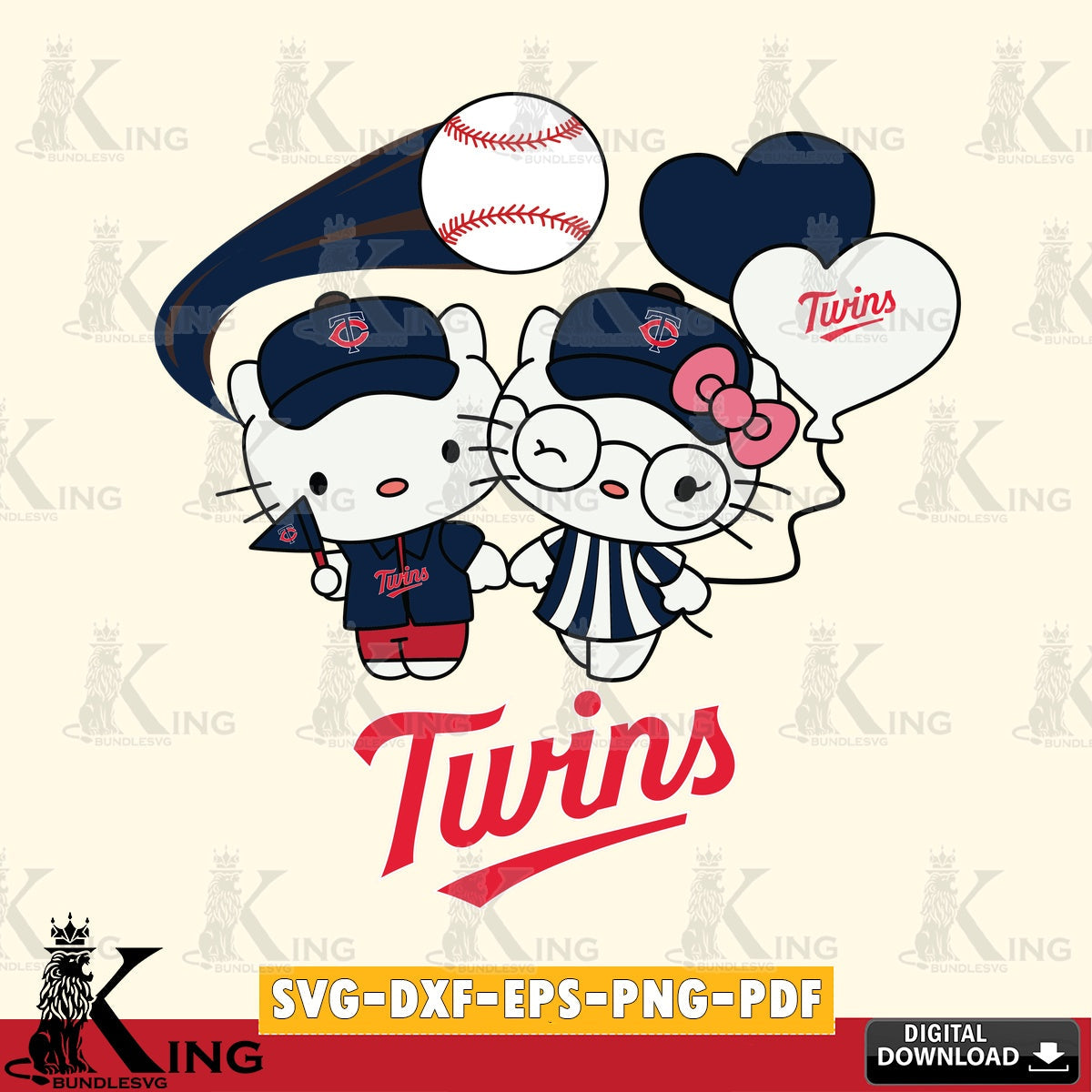 Premium pack containing Minnesota Twins Hello Kitty baseball couple digital file for silhouette cameo and cricut projects