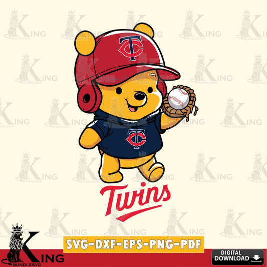 Modern graphic depicting a Minnesota Twins Pooh Bear baseball design, versatile clip art for stickers, decals, and mugs.