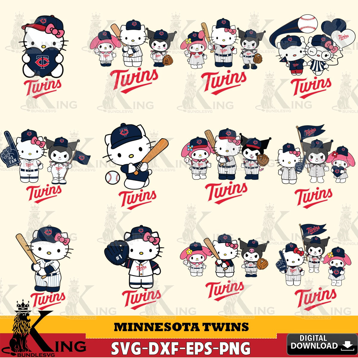 All-in-one bundle of Minnesota Twins Sanrio Squad Baseball MLB, versatile clip art for stickers, decals, and mugs