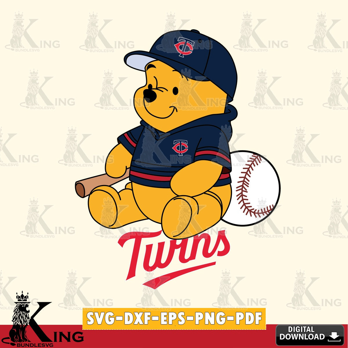 Unique artwork depicting Minnesota Twins Winnie the Pooh Baseball as a crafting file for iron-on transfer and vinyl decals