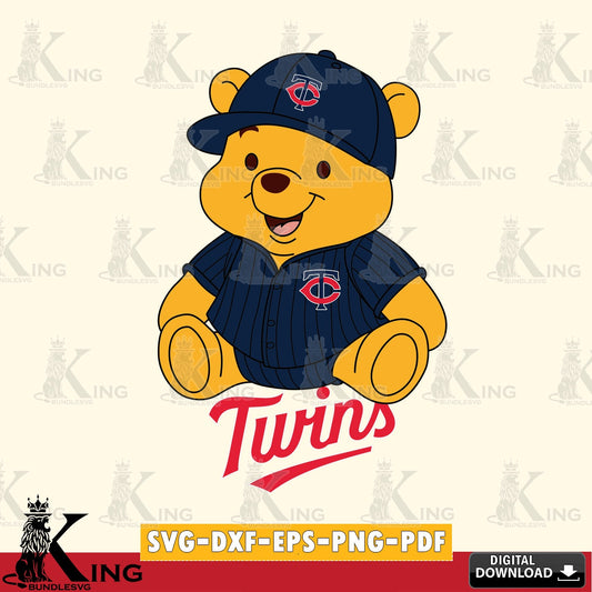 Detailed illustration of Minnesota Twins Winnie the Pooh cute baseball SVG cut file for personalized gifts and laser projects