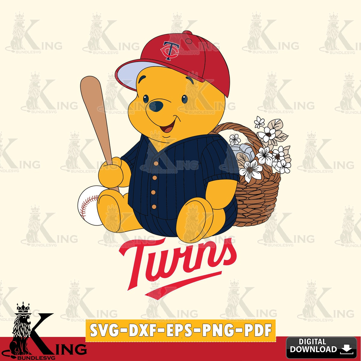 Custom design featuring Minnesota Twins Winnie the Pooh with flower baseball SVG cut file for personalized gifts and laser